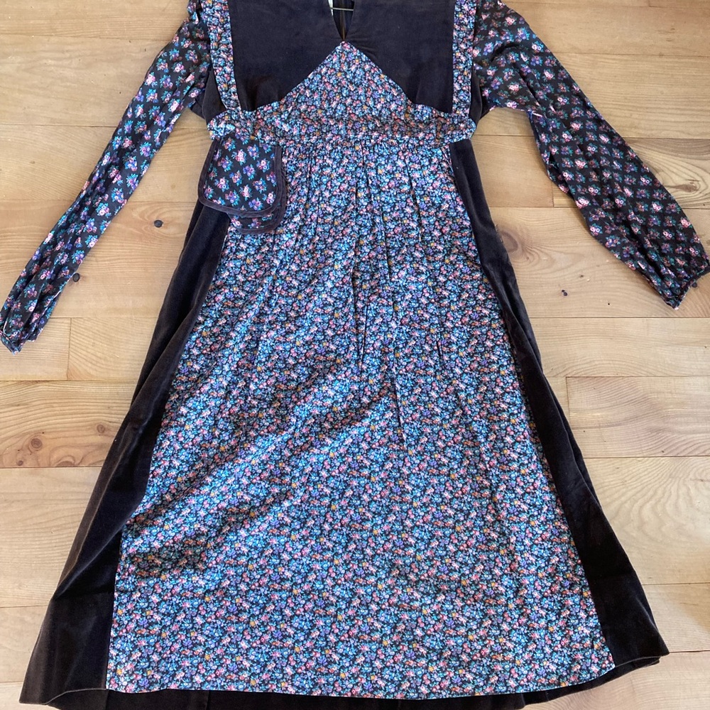 Memorable Brown Velvet Dress, Floral Accent Cotton, Empire Waist (maternity ok)